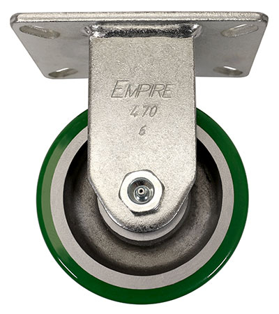 Side view of rigid caster with green and silver wheel